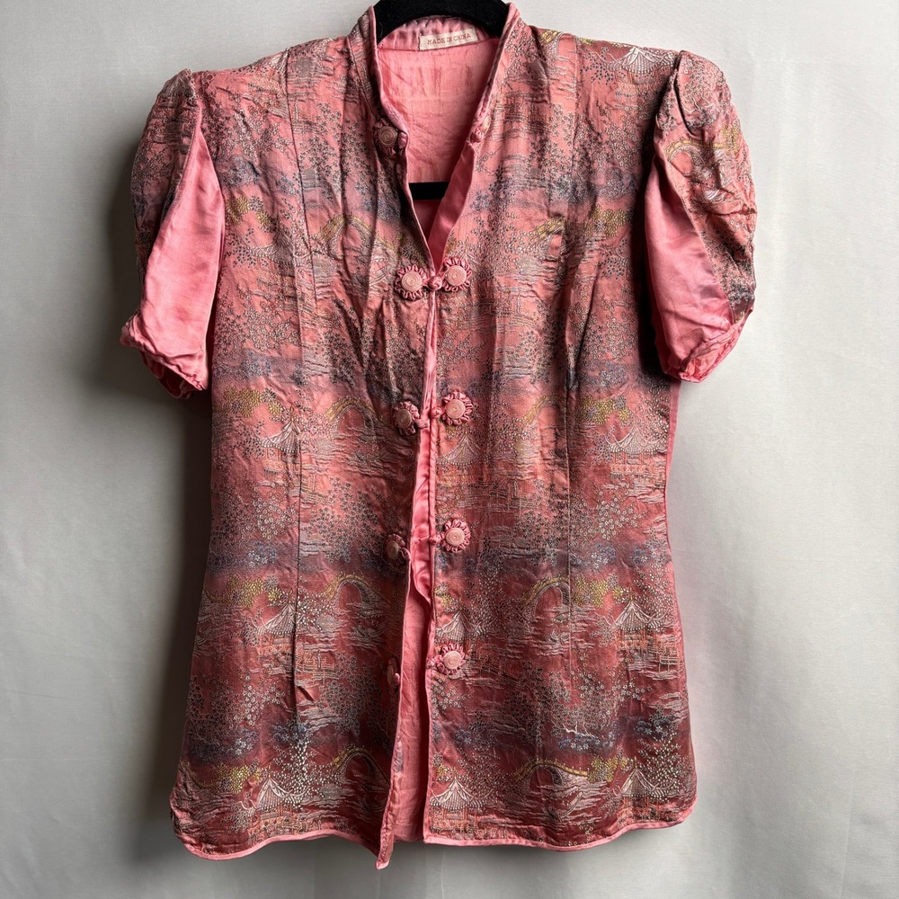 VTG Pink Chinoiserie Top Mandarin Collar Frog Closure Puff Sleeve Y2K Silk Fairy